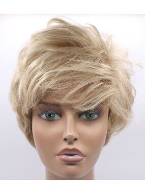 Short Blonde Wig Side Sweep Bangs Layered Modacrylic PVC Adjustable Cap Classic